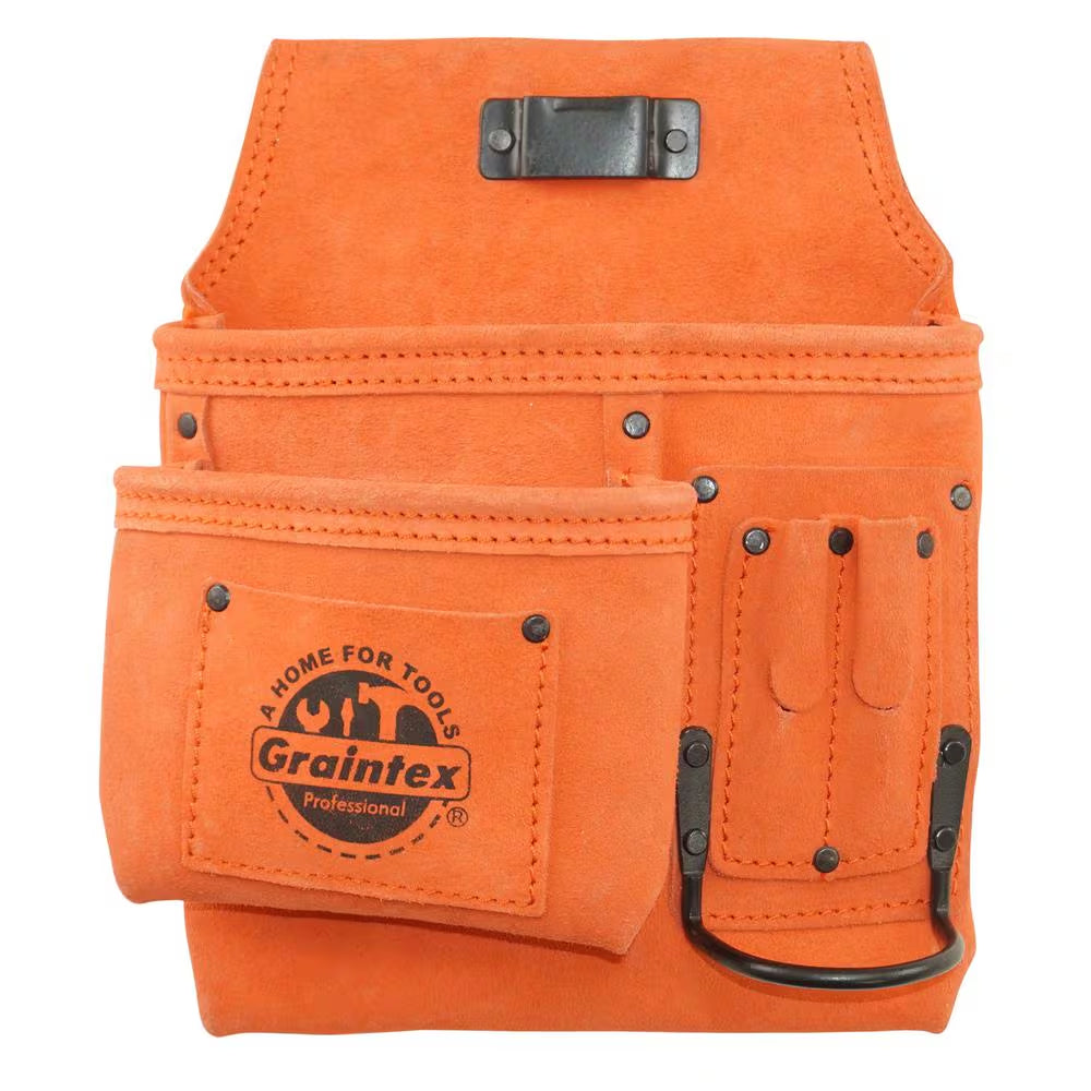 5-Pocket Left Handed Orange Suede Leather Nail and Tool Pouch