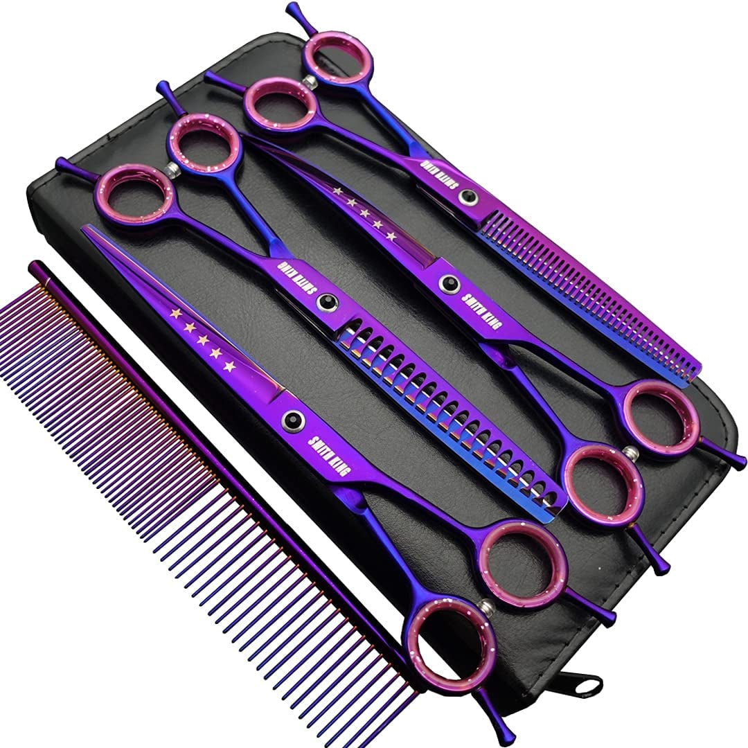 7.0 Inches Professional Dog Grooming Scissors Set Straight & Thinning & Curved & Chunkers & Comb 5Pcs in 1 Set for Left-Handed & Right Handed