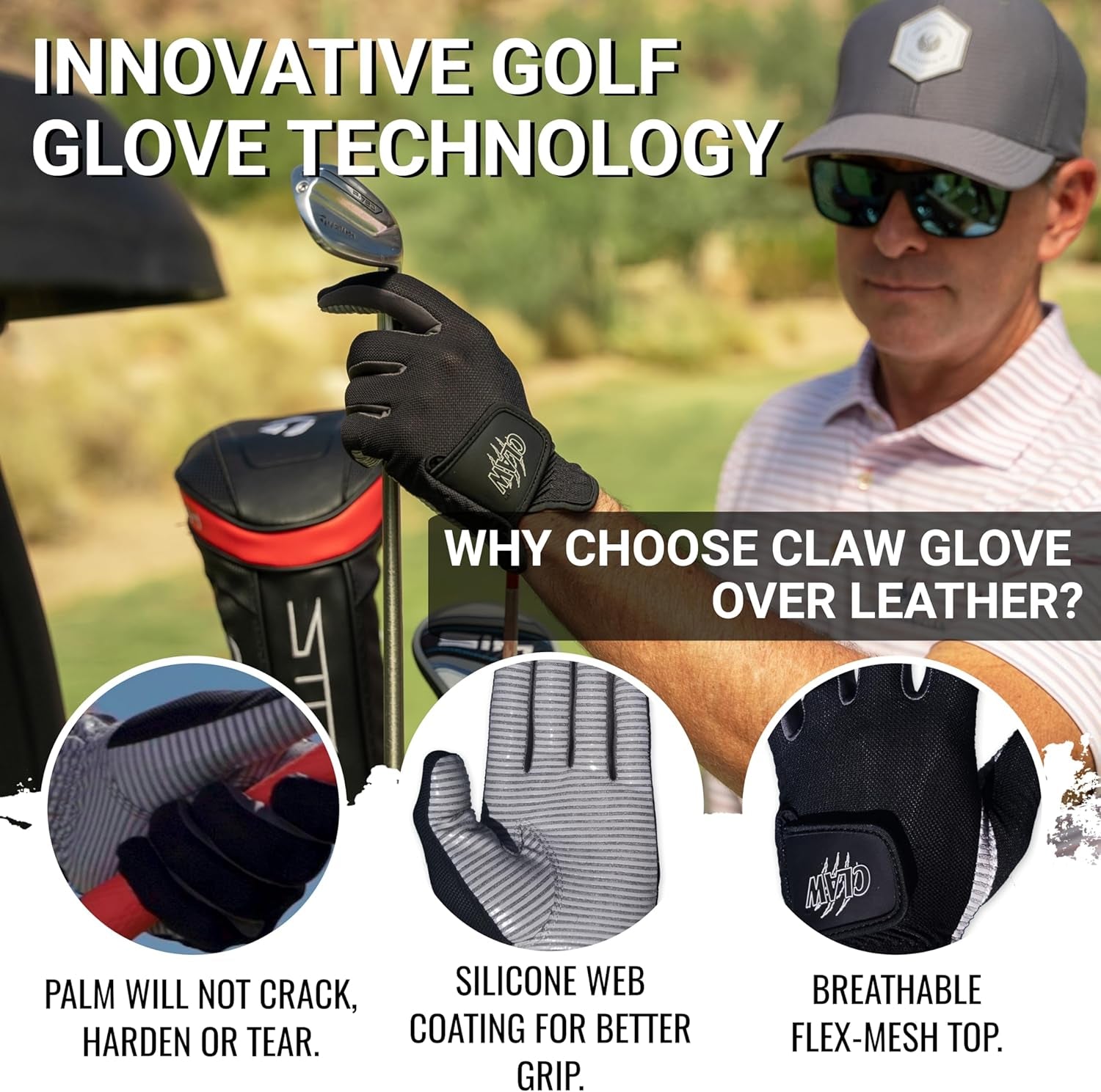 Claw Golf Gloves for Men | Flex-Mesh Design for Cool Ventilation | Lasts 3-5 Times Longer than Leather | Silicone-Web Coating for Maximum Grip | Machine-Washable