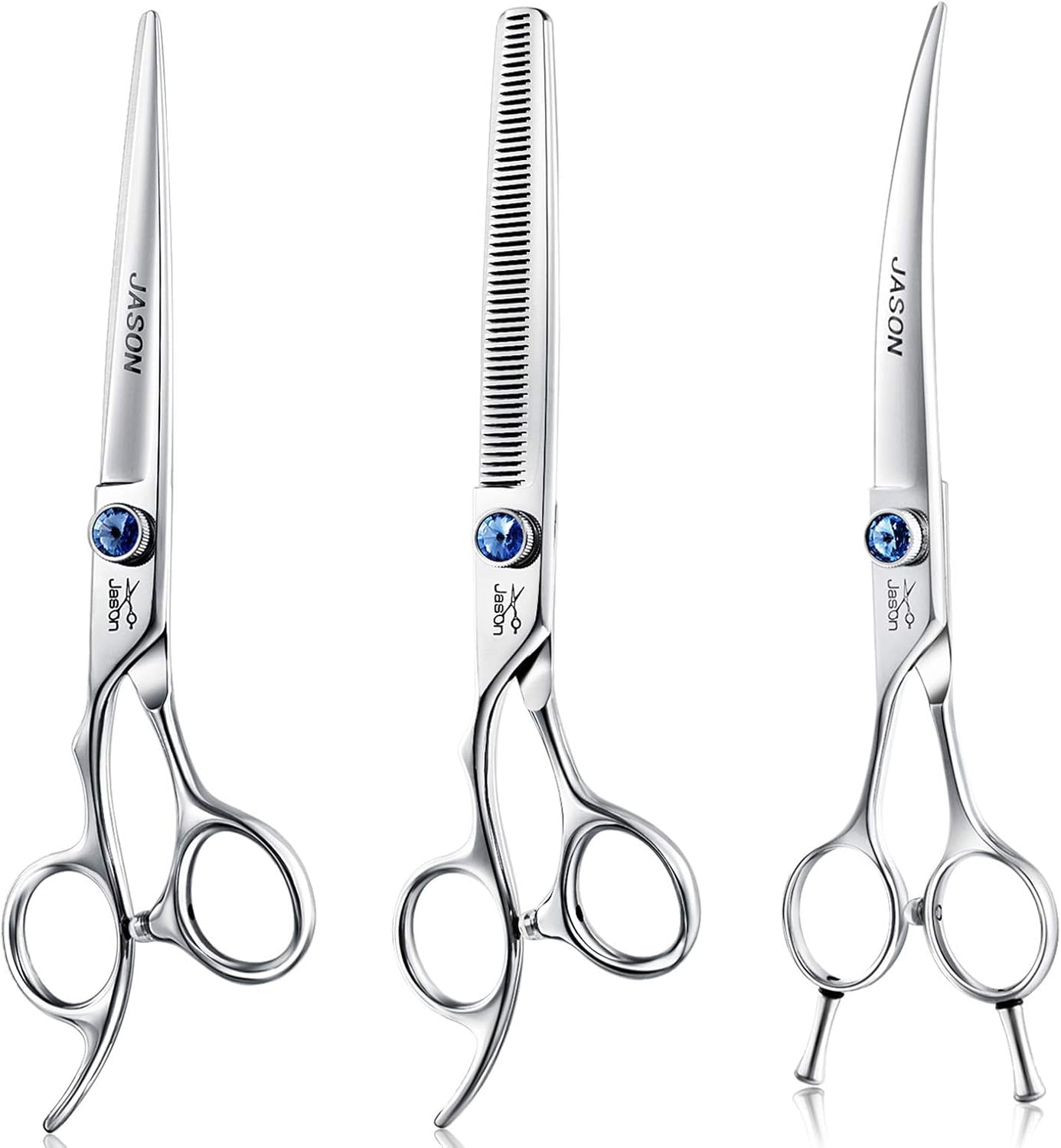 Left Handed 7" Dog Grooming Scissors Set, 3 in 1 Ergonomic Blending, Curved, Straight Cat Pet Hair Trimming Thinning Professional Kits with Offset Handle and a Jeweled Screw