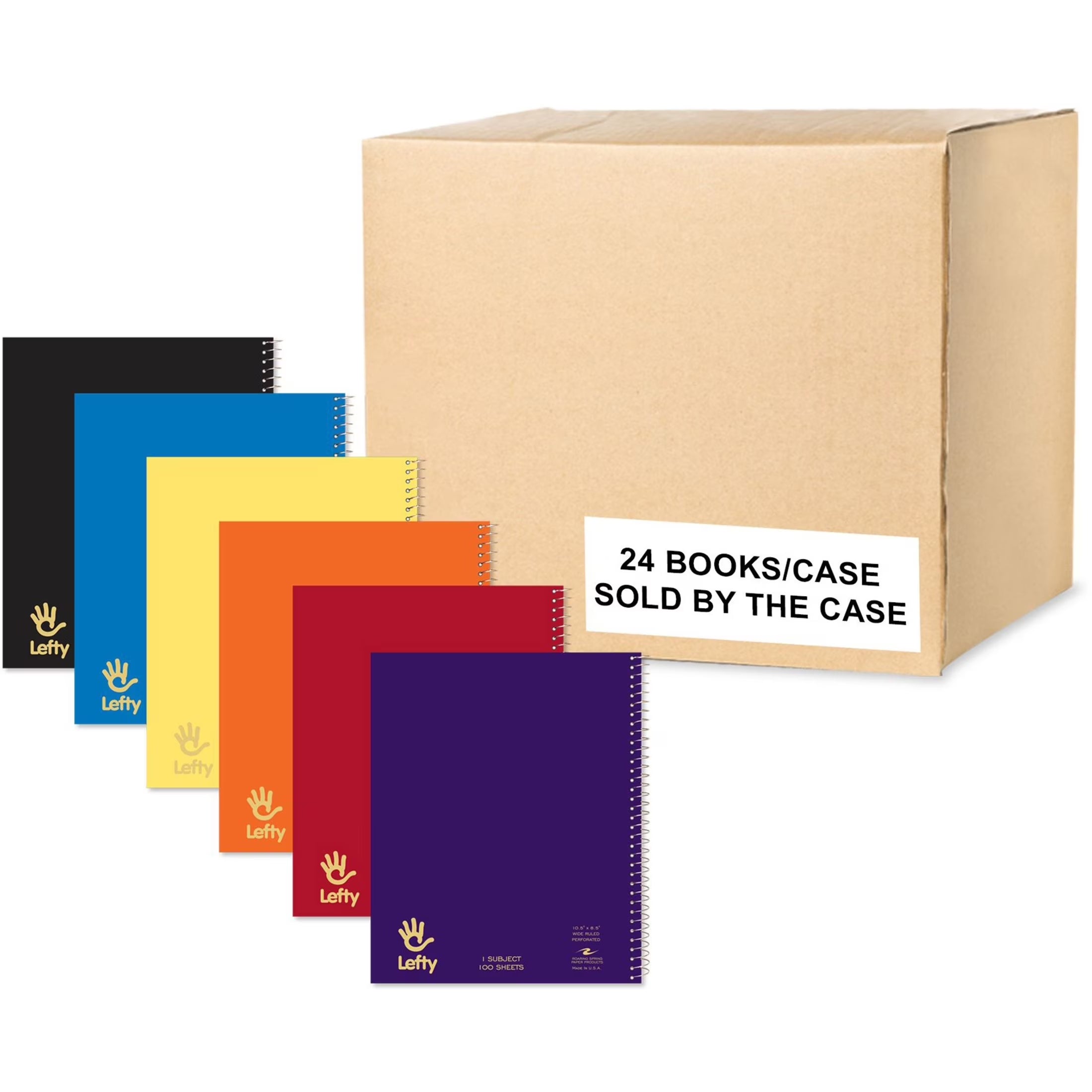Roaring Spring Lefty Subject Wide Ruled Left Handed Spiral Notebook, 1 Case (24 Total), 10.5" X 8.5" 100 Sheets, Assorted Saranac Covers