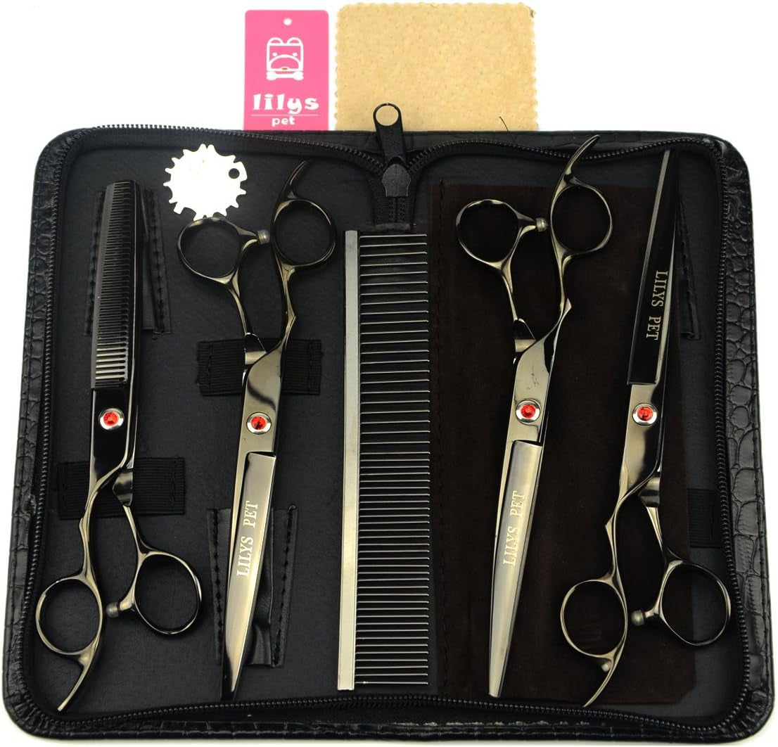 7.5" High-End Left-Handed Professional PET Dog Grooming Scissors Suit Cutting&Curved&Thinning Shears (Black)